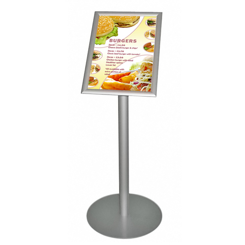 Single poster on podium stand - A3P snap frame at 45 degrees with menu